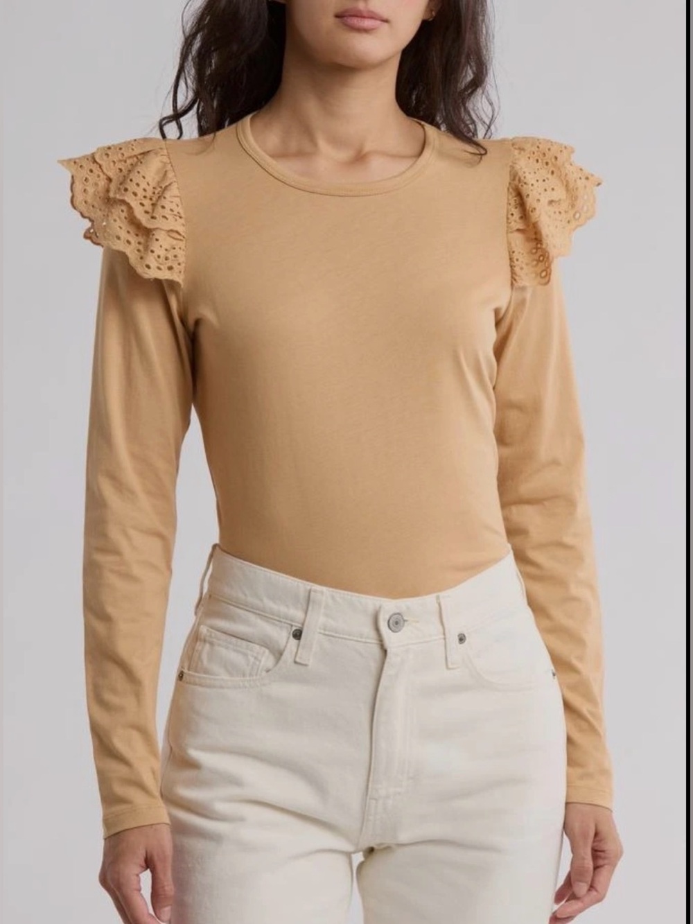 Joe’s tan ruffle shoulder top